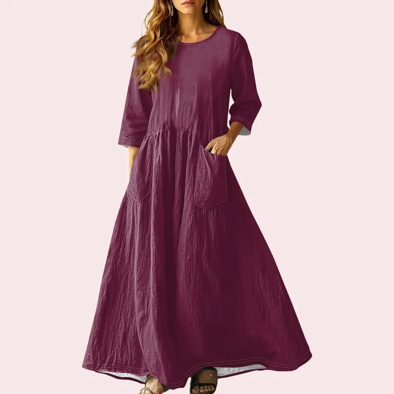 Gaun Panjang Longgar Musim Panas Wanita Warna Pejal Lengan Tiga Suku Gaun Poket Berganda Gaun Linen Leher Bulat Longgar Vestidos — image 15