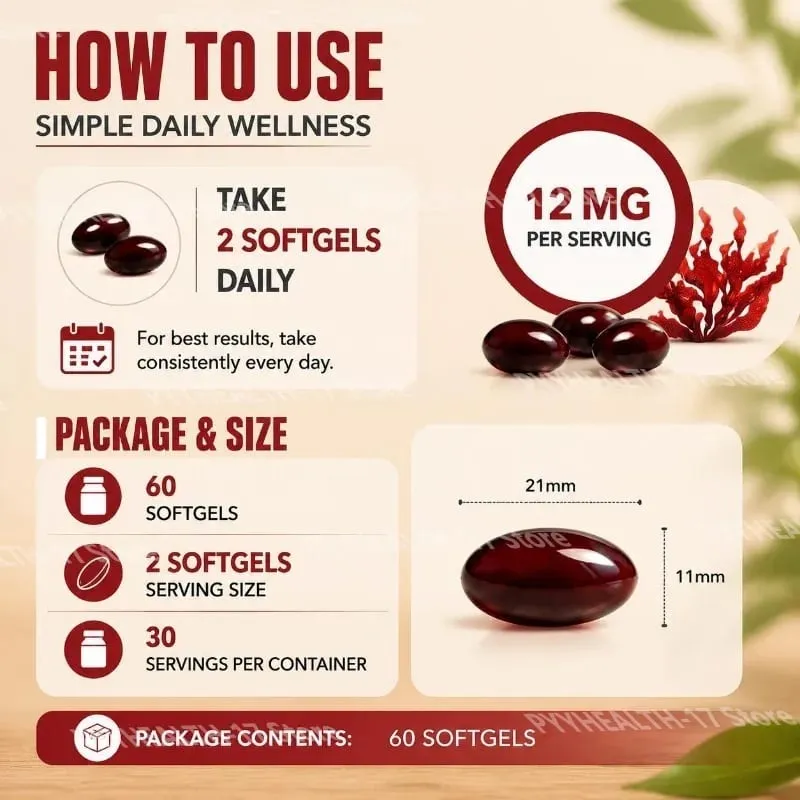 Astaxanthin Softgels Từ Vi Tảo Thúc Đẩy Sản Xuất Collagen Đậu Nành Không Chứa Gluten Không GMO Sức Mạnh Gấp Ba 120 Softgels — image 5