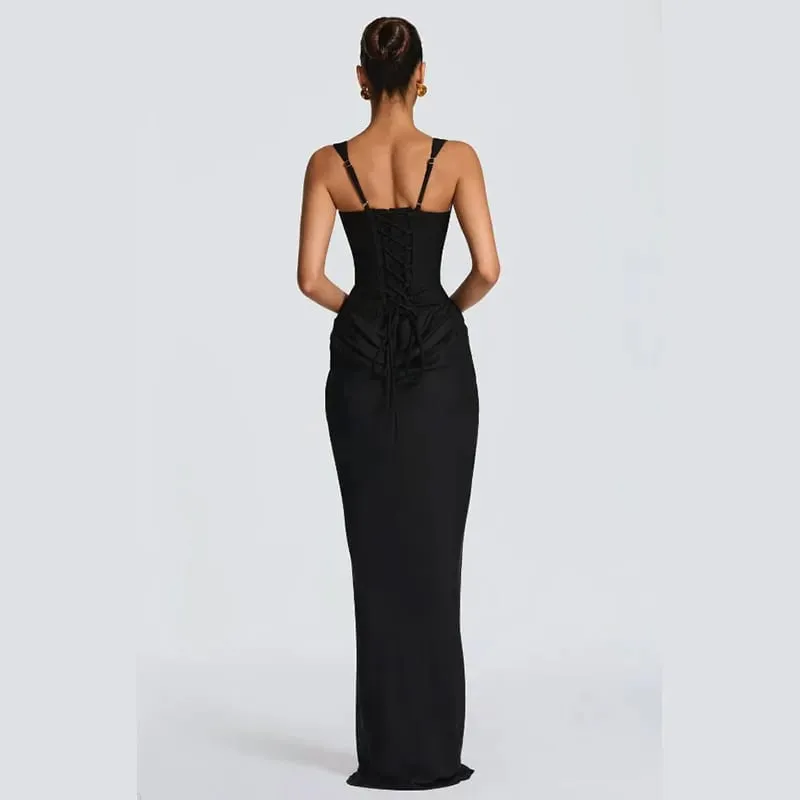Wanita Elegant Pleated Sling Dresses Solid Square Leher Tanpa Lengan Off-shoulder Pinggang Cinching Dress Fesyen Gaun Pesta Petang — image 6