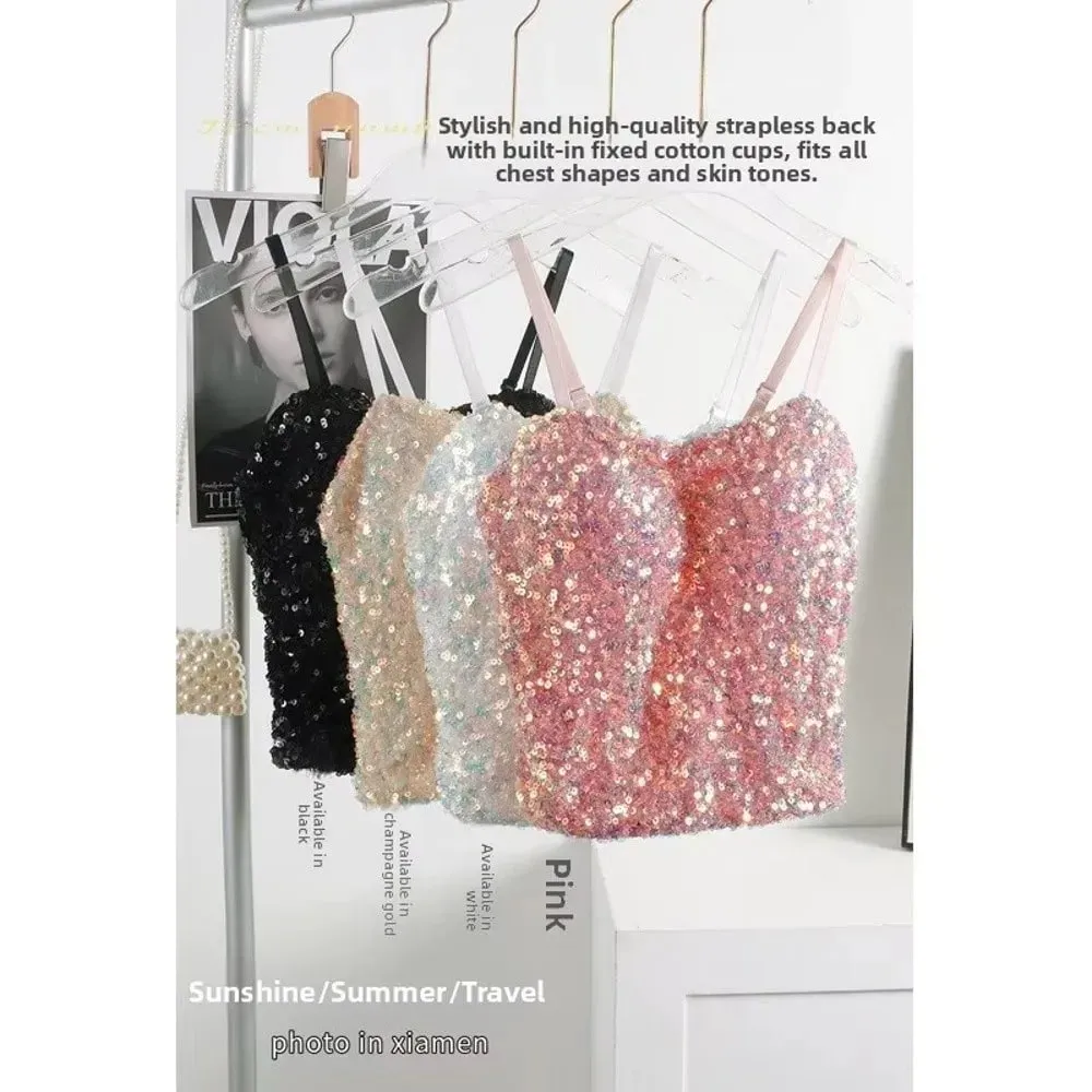 Camiseta sin mangas de una pieza con lentejuelas brillantes, chaleco envolvente fijo en el pecho, chaleco sin espalda de alta elasticidad, ropa interior, chaleco de capa Base corta, Top de verano — image 8