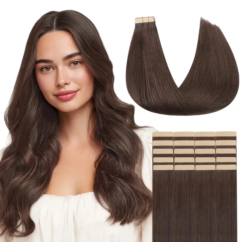 Sunmofavo Tape I Remy Human Hair Extensions Tyk Silkeagtig Lige Naturlig Brun Usynlig Tape 20 Stk Salon Grade Til Kvinder — image 1
