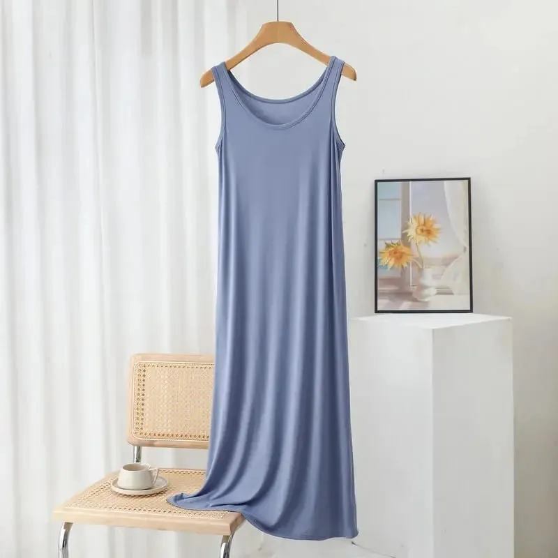 Plus Size Modal Long Dress Women's Spring Summer Loose A- Line Bottoming Skirt Home Sleepwear Sleeveless Pure Color Gown — image 13
