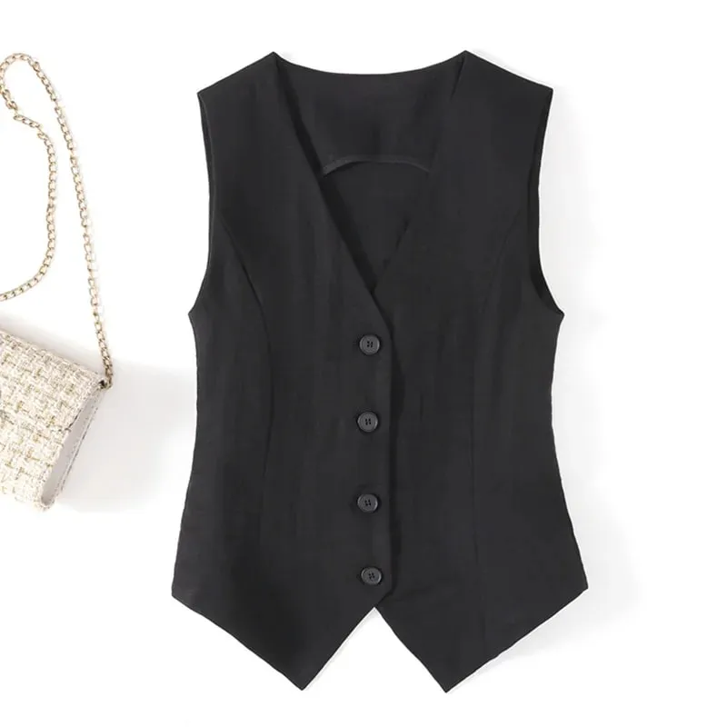 Gilet estivo in lino tinta unita, gilet da donna sottile, vestibilità slim, abito corto senza maniche, gilet con scollo a V — image 3