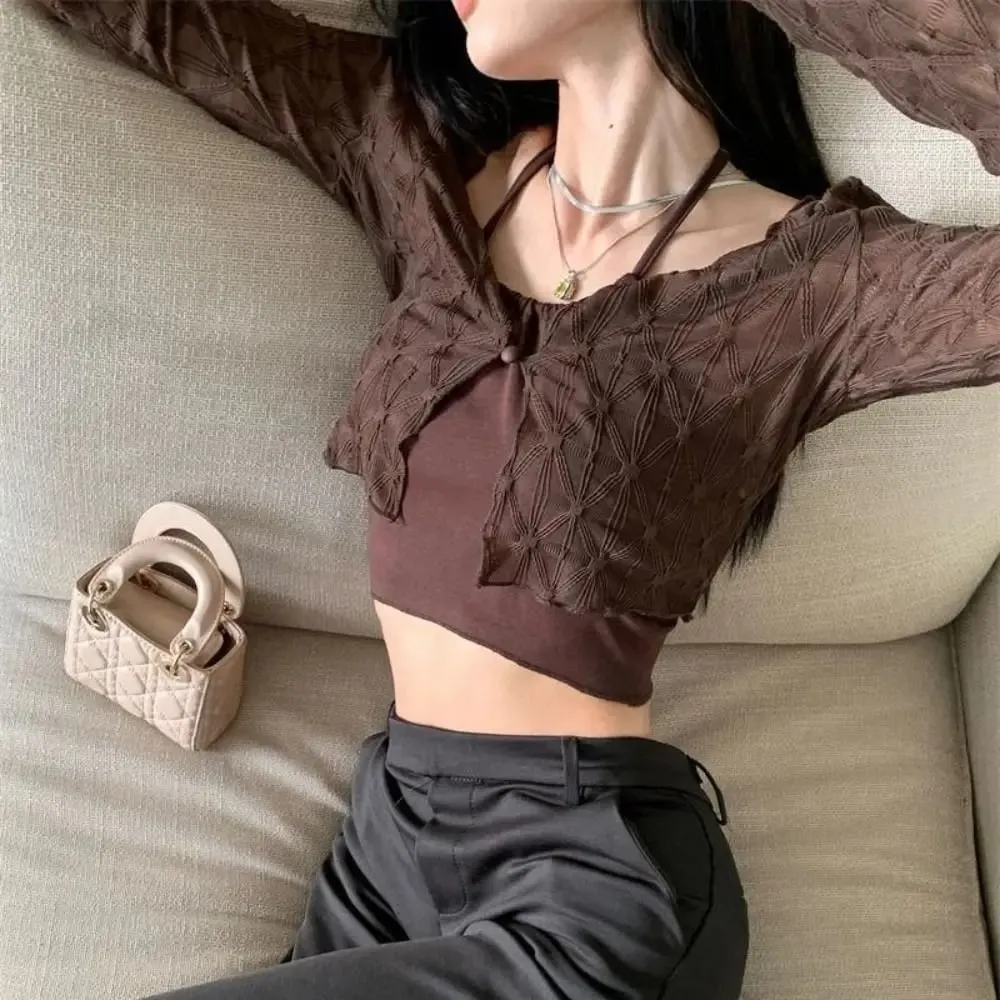 Kardigan Nipis Kalis Matahari DIY Baru Slim Warna Pepejal Kamisol Lengan Panjang Kasual Atasan Pendek Musim Panas — image 5