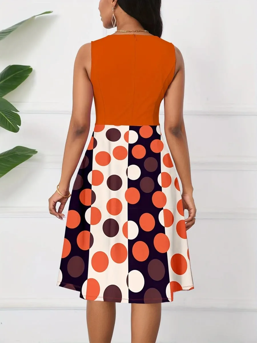 Damen Sommer-Twist-Rundhalsausschnitt, ärmellos, Schößchen, gepunktet, Patchwork, lässig, elegant, Passform und Schlag, Party-A-Line-Swing-Kleid — image 3