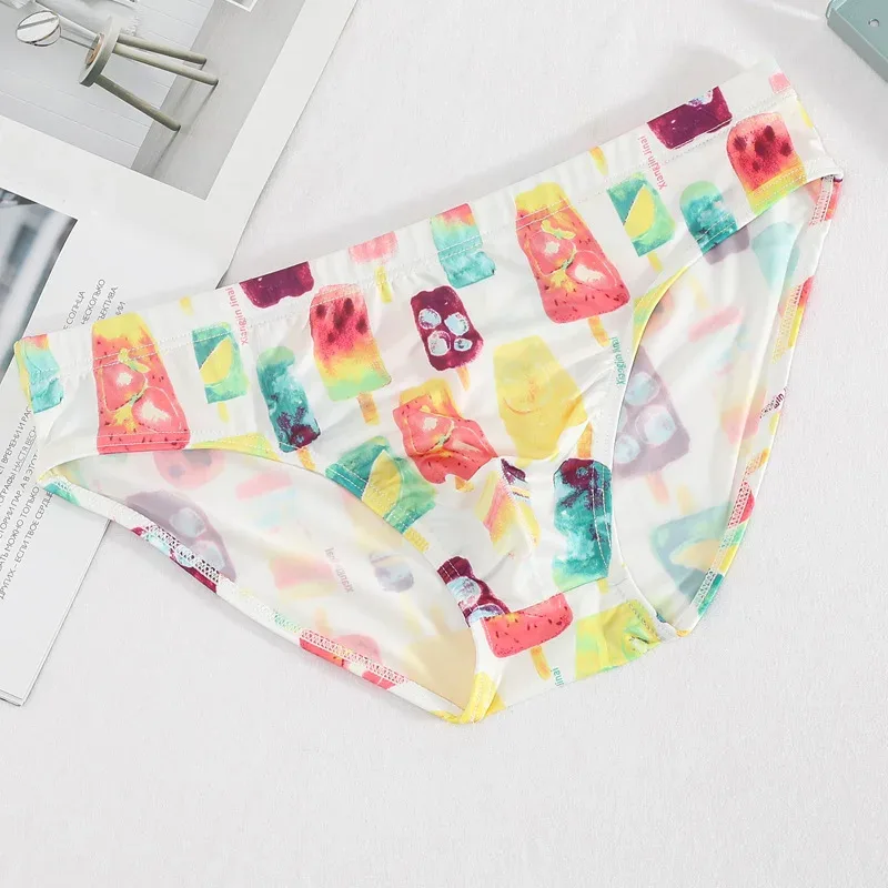 Men's Briefs Translucent Cartoon Printed Ice Silk Slippery Sexy Breathable Summer Low Waist U Convex Pouch Lingerie Underpants