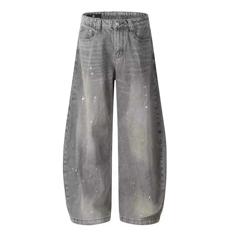 Spring and Autumn Retro Washed Vintage Grey Splash Ink Curved Knife Jeans for Men and Women Trendy Brand American Street Loose P