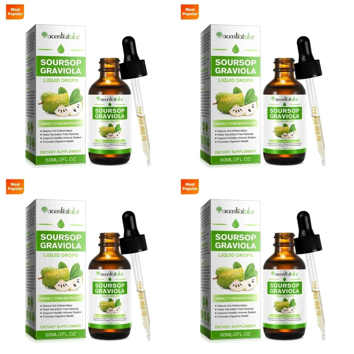 Acentiallabs Hot Sale 60ml Soursop Bitter Liquid Drops Dietary Supplements 100% Pure Organic Soursop Graviola Extract for Adlut — image 9