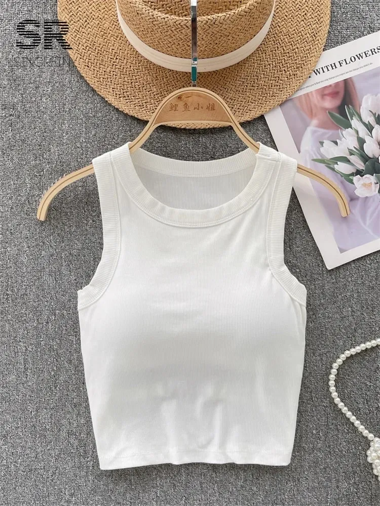Ærmeløs striktop Dame Rygløs koreansk BH O-hals Solid elastisk talje Dame Elegant Mode Casual Crop Top — image 3