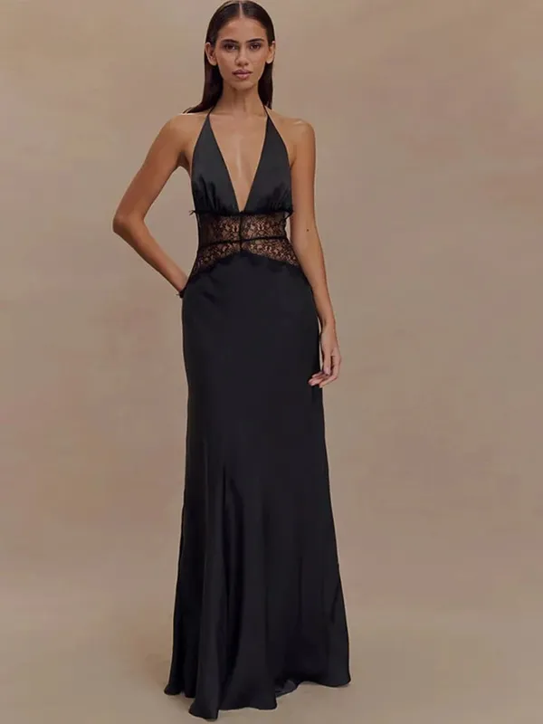 MO Patchwork Sexy Deep V-neck Lace Halter Dress Maxi Wanita Gaun Malam Tanpa Belakang Putih Musim Panas Slim Elegant Party Dress — image 5