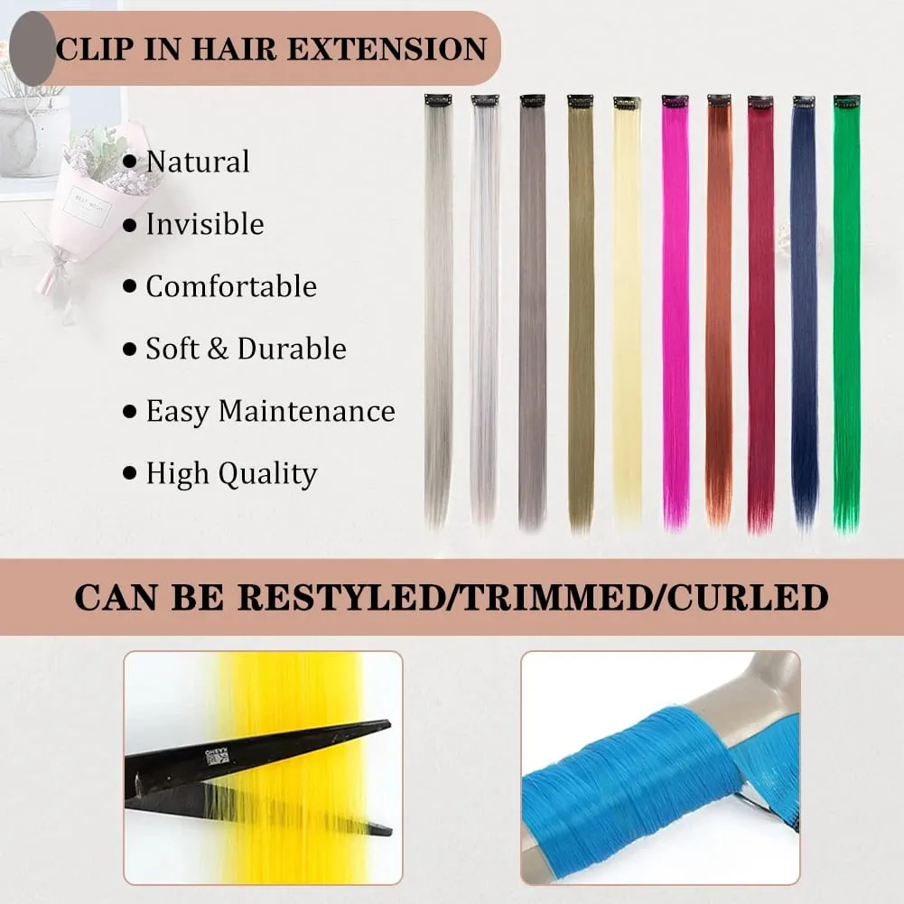 10 PCS Colored Clip in Hair Extensions 22 Inch Rainbow Straight Synthetic Hairpieces For women Cosplay Party Christmas New Year — image 4