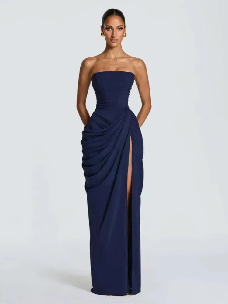 Kvinder Stropløs Plisseret Lang Kjole Elegant Solid Split Ærmeløs Rygløs Højtalje Slim Fit Maxikjoler 2026 Lady Festkåbe — image 5