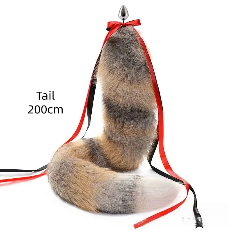 200 cm měkký anální kolík z pravé kožešiny Fox ocas s děleným designem kovový anální kolík pro ženy Cosplay Kostýmy Flirt Smyslové sexuální hračky — image 15