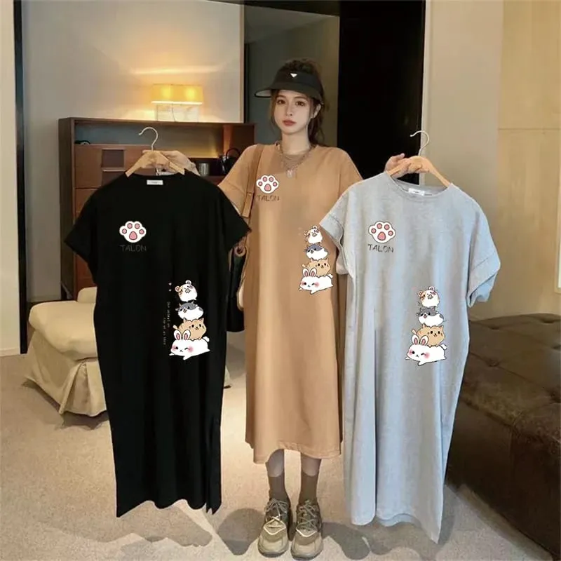 Summer Japanese Cute Cartoon Rabbit Stacked Print Female Large Size Loose Short-sleeved Dress — image 2