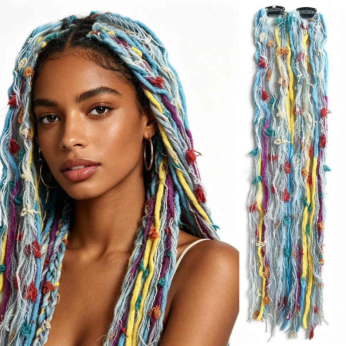 Sintetico 2 pezzi filato di lana Dreadlock clip estensioni dei capelli Maillard lungo Boho nappa colorata trecce vintage capelli per donna — image 6