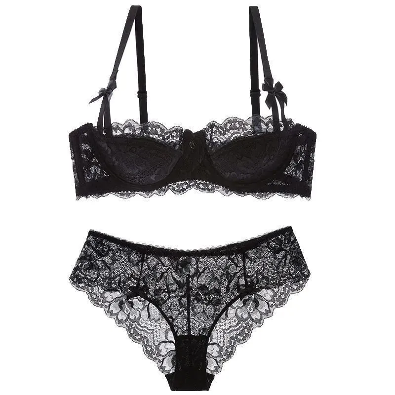 Franse Kant Half Cup Bh Set Strik Schouderriem Dunne Grote Buste Minimizer Pure Desire Lingerie Voor Tienermeisjes Dagelijkse Outfit — image 10