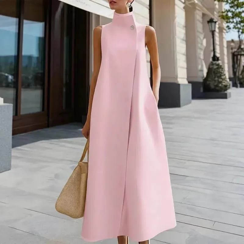 แฟชั่นที่เรียบง่ายปุ่มคอสูงชุด Maxi ผู้หญิงฤดูใบไม้ผลิกระเป๋า A-Line ชุดยาวฤดูร้อนแขนกุดชุดโบฮีเมียน — image 6