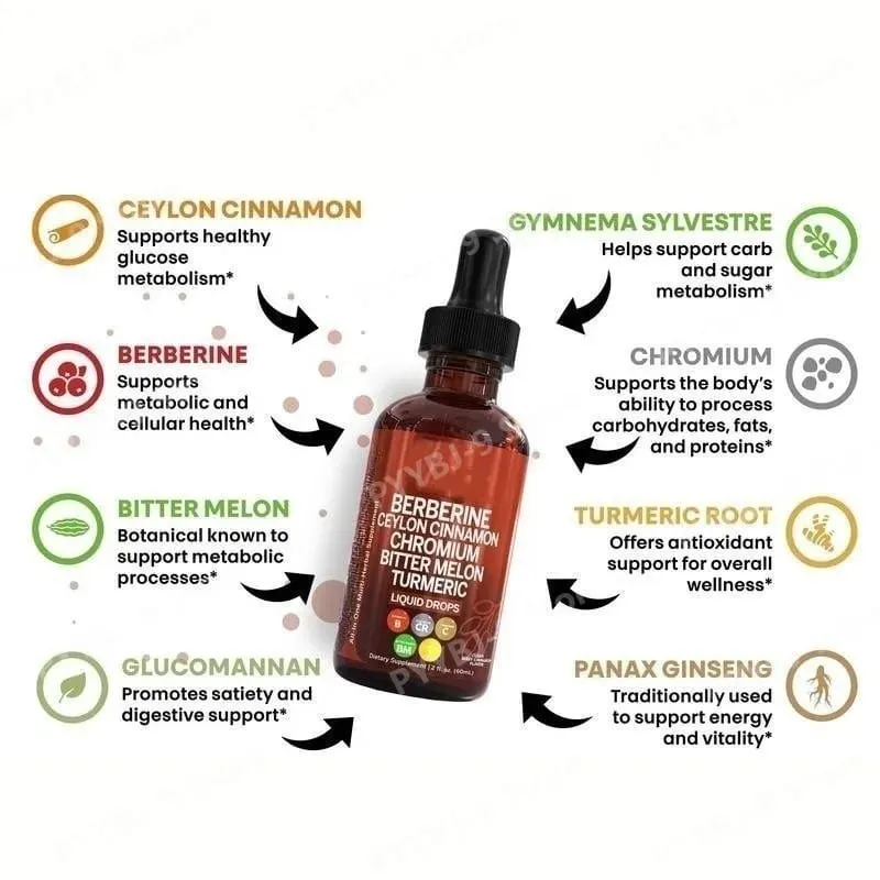Berberina Cromo Curcuma Ginseng Gocce liquide 60ml Integratore a base di erbe biologico Supporto quotidiano per l'equilibrio del benessere per adulti — image 2