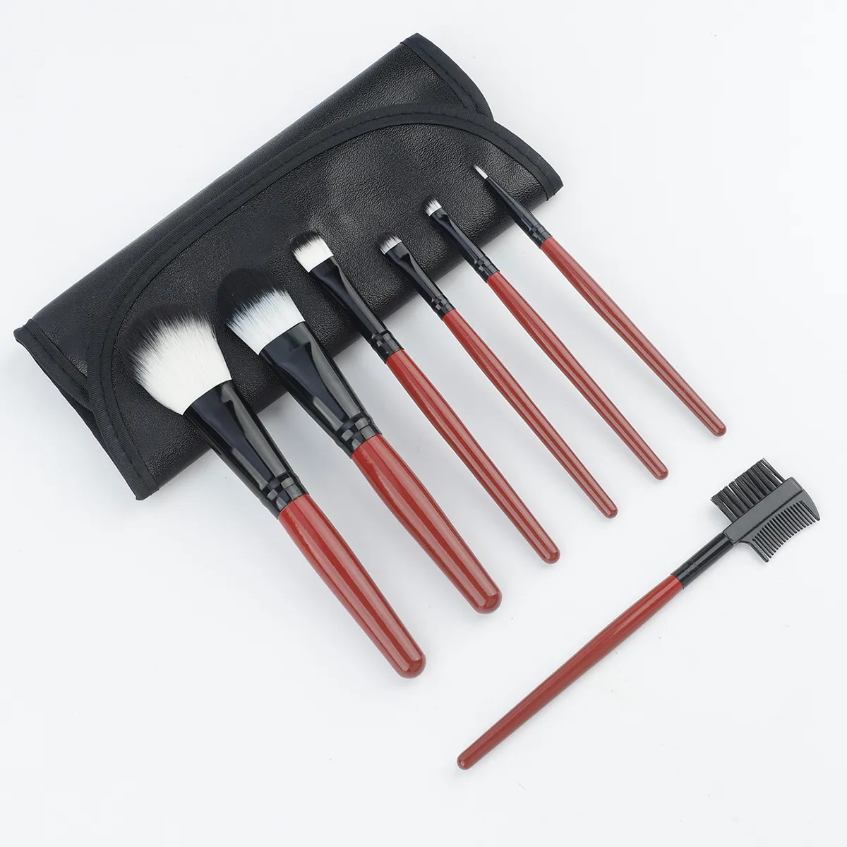 Conjunto de pincéis de maquiagem com cabo vermelho vinho, 7 peças, com bolsa de armazenamento de couro pu, cerdas macias, pó, blush, sombra, kit de pincéis cosméticos — image 5