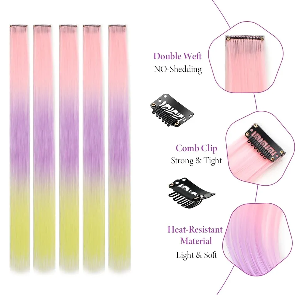 5 stks/set Clip in Hair Extensions Synthetische Haarstukjes Gekleurde Party Hoogtepunten voor Meisjes 18 inch Multi-kleuren Steil Haar — image 5