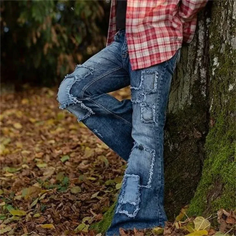 Vintage Patch Stretch American Style Flared Jeans Men's Streetwear Button Splicing Pocket Male Youth Daily Casual Denim Pants 23 — image 4