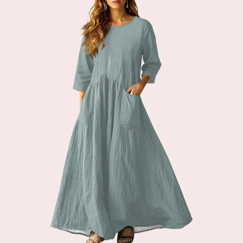 Gaun Panjang Longgar Musim Panas Wanita Warna Pejal Lengan Tiga Suku Gaun Poket Berganda Gaun Linen Leher Bulat Longgar Vestidos — image 19