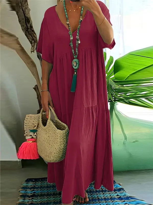 Plus Size Damen Casual Loose V-Ausschnitt Solides Langes Kleid Frühling Sommer Plissee Big Size Damenkleid — image 7