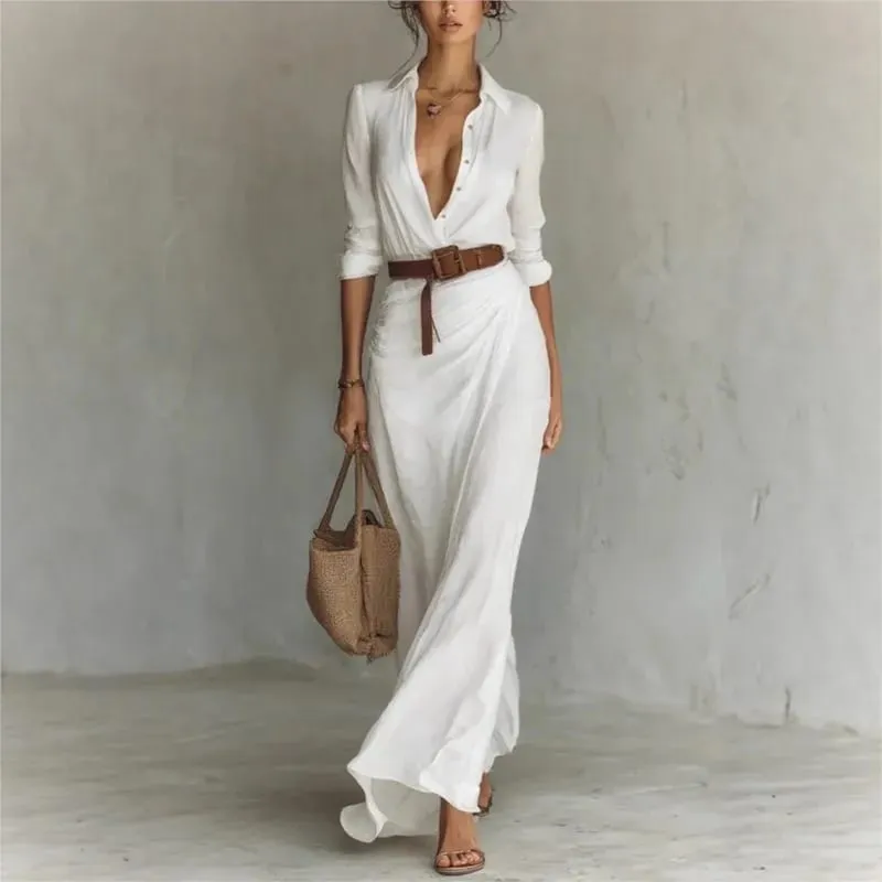 Women's Fashion Solid Holiday Party Dress Elegant Lapel Button Draped Long Dress Casual Long Sleeve Match With Belt Shirt Dress — image 6