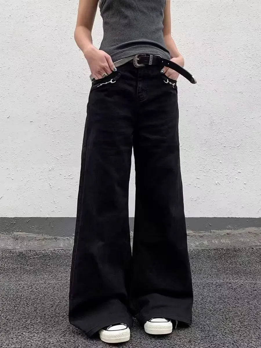 Reka bentuk butang retro gaya Amerika seluar jeans basuh musim bunga dan musim luruh pinggang tinggi longgar seluar jeans kaki lebar jalan tinggi untuk lelaki dan wanita — image 7
