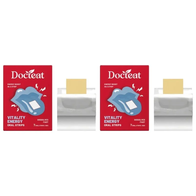 Docteat Vitality Energy Oral Strips, die im Mund schmelzen, lösen sich schnell auf, L-Theanin, kein Wasser erforderlich, bleiben wach, unterstützen 7 Strips