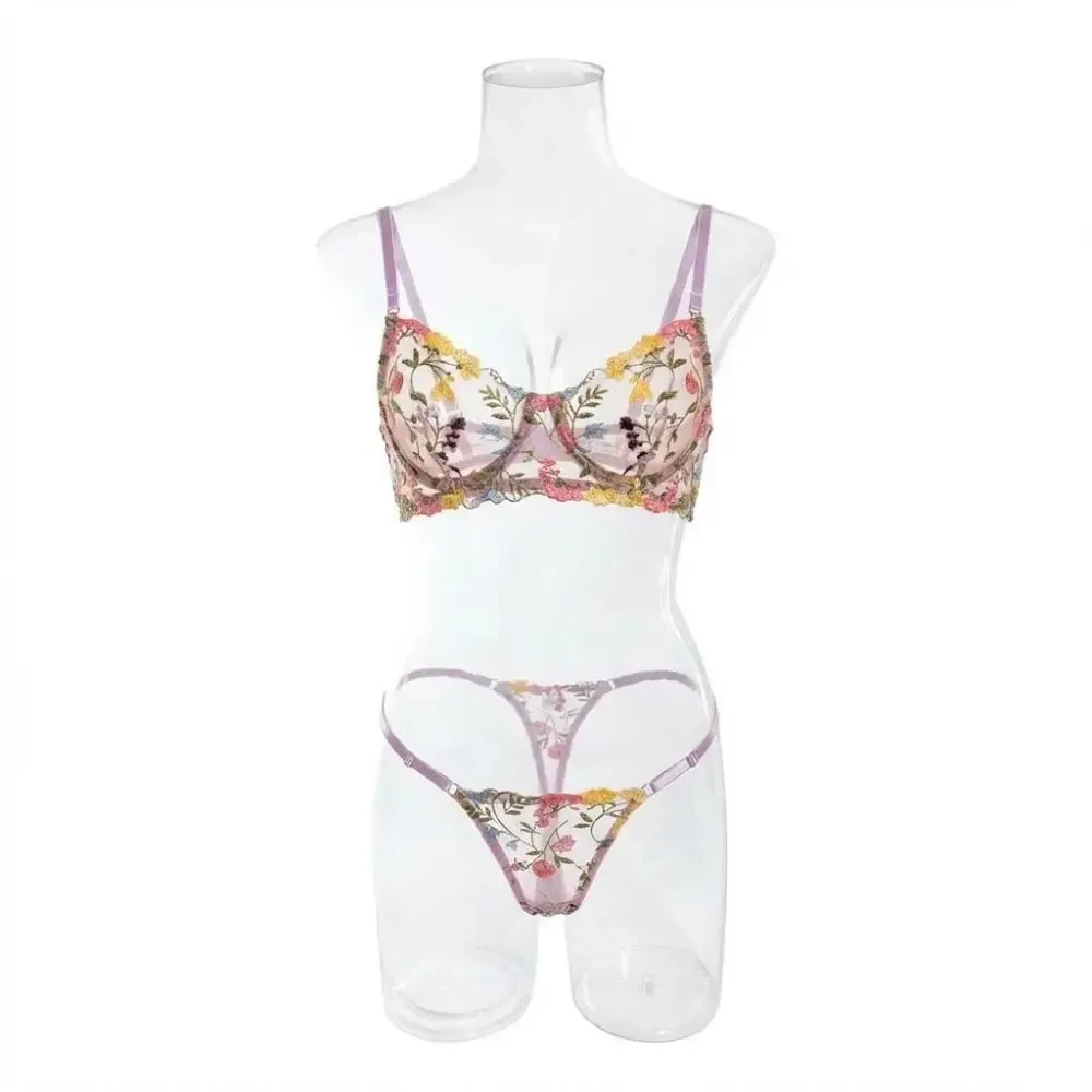 2-teiliges Blumen-Dessous-Set, transparent, vielseitig, Unterwäsche, Intimates, Bügel, Push-up-Stickerei, BH, Höschen-Set für Damen und Mädchen — image 4