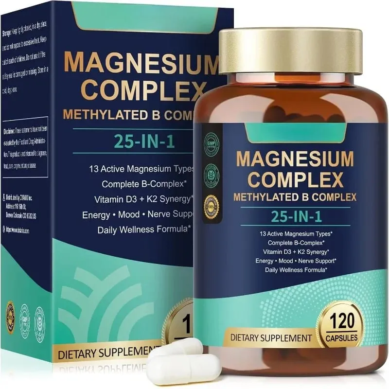 25-in-1-Magnesiumkomplex mit Glycinat, Citrat, Malat, Vitamin D3, K2, B12, Methylfolat zur Entspannung, Energie, Nerven, 120 Kapseln