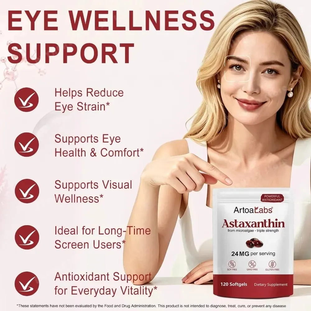 Astaxanthine Softgels 24 mg Triple force puissant antioxydant soutien de la santé des yeux microalgues sans soja sans gluten 120 unités — image 3