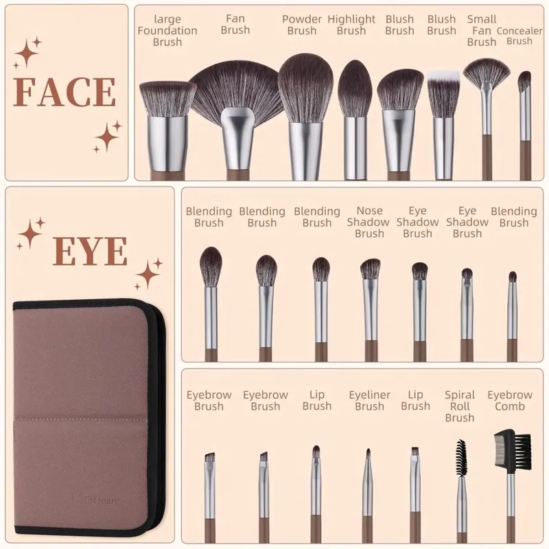 DUcare Makeup Brushes 22Pcs With Foldable BAG Nylon Hair Fan Powder EyeShadow Blending Eyeliner Eyebrow Cosmestic Make up Brush