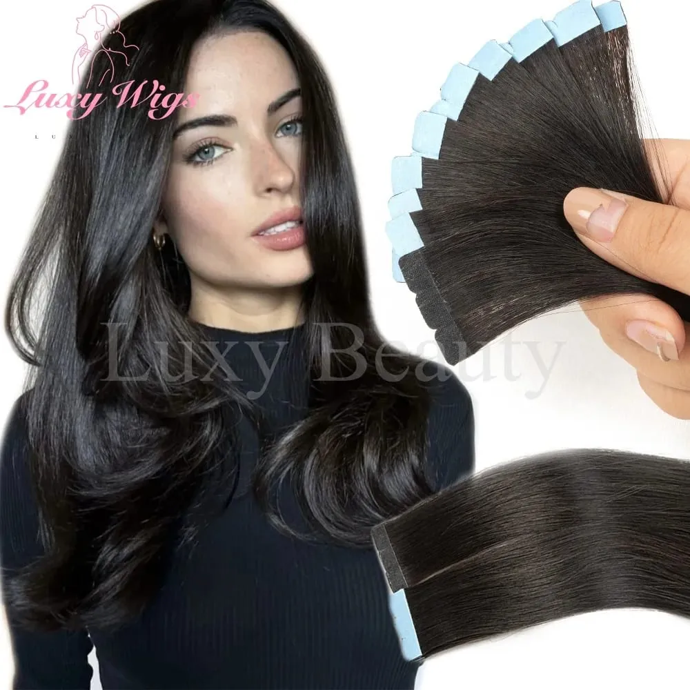 In evidenza Mini nastro marrone nelle estensioni dei capelli umani Mini nastro invisibile senza cuciture su doppio lato biondo nero naturale nei capelli 10 pezzi — image 8