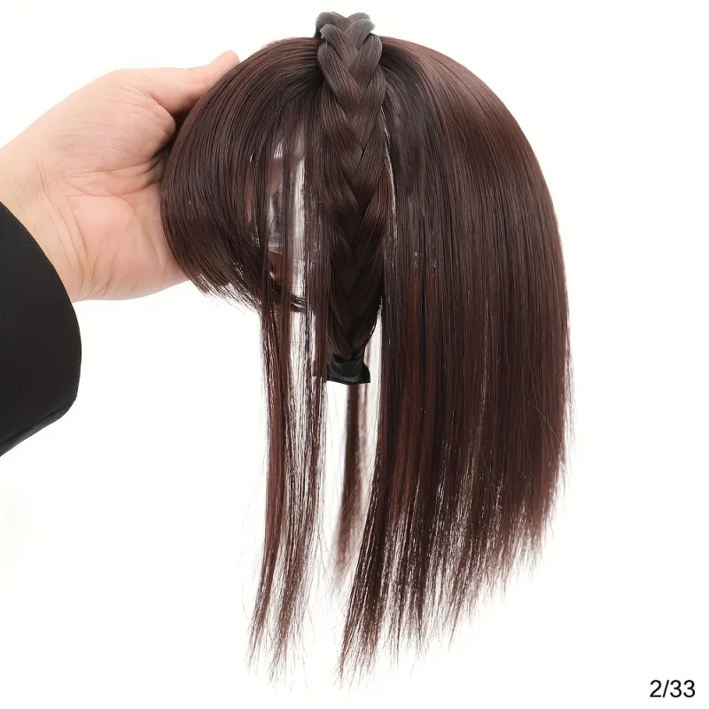 Extensions de cheveux synthétiques lisses au look naturel – Bandeau tressé chic avec surmatelas et frange à clipser pour femme