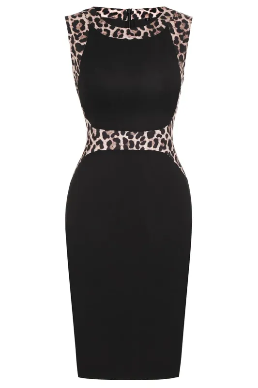 Bayan Leopar Patchwork Ekip Boyun Kolsuz Kokteyl Diz Boyu İş Rahat Parti Yaz Kalem Bodycon Kılıf Elbise