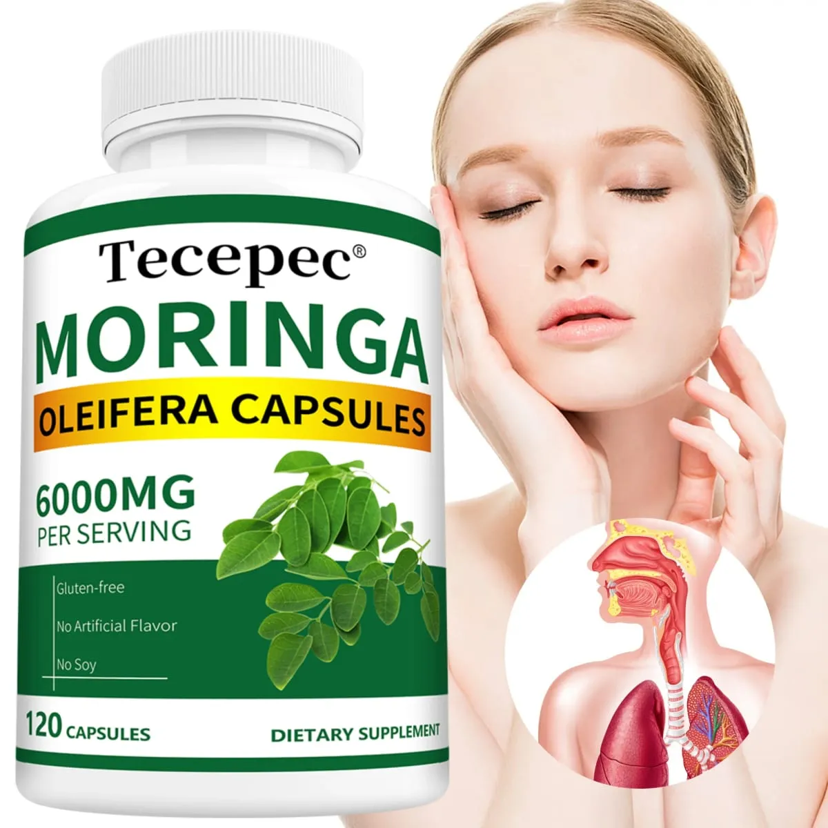 มะรุมอินทรีย์แคปซูล 6000 มก. สารต้านอนุมูลอิสระ Boost Energy & Metabolism สนับสนุนภูมิคุ้มกันย่อยอาหารสมองและสุขภาพหัวใจ — image 1
