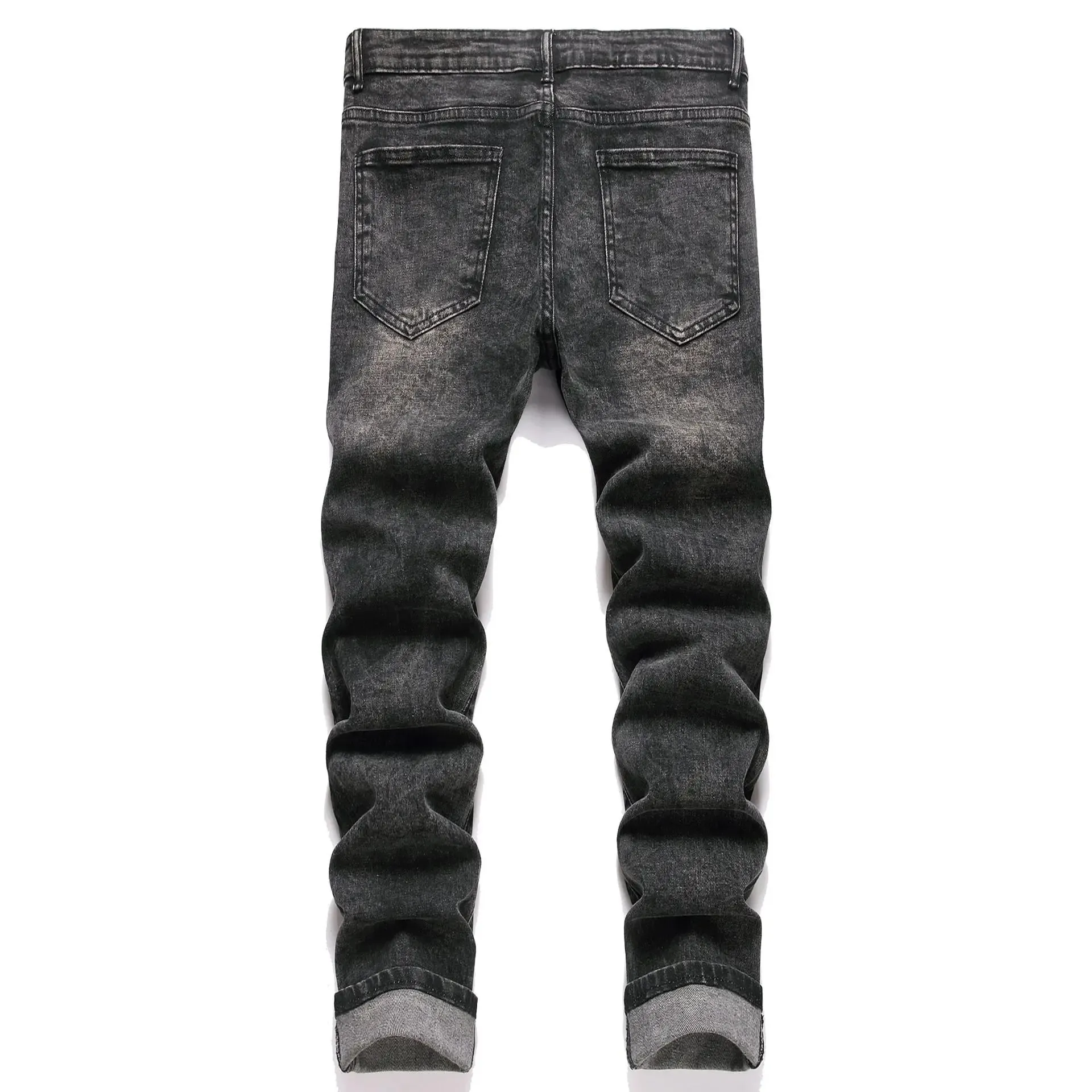 Men Angle Printed Denim Jeans Streetwear Patch Holes Ripped Pants Black Stretch Cotton Slim Straight Trousers — image 2