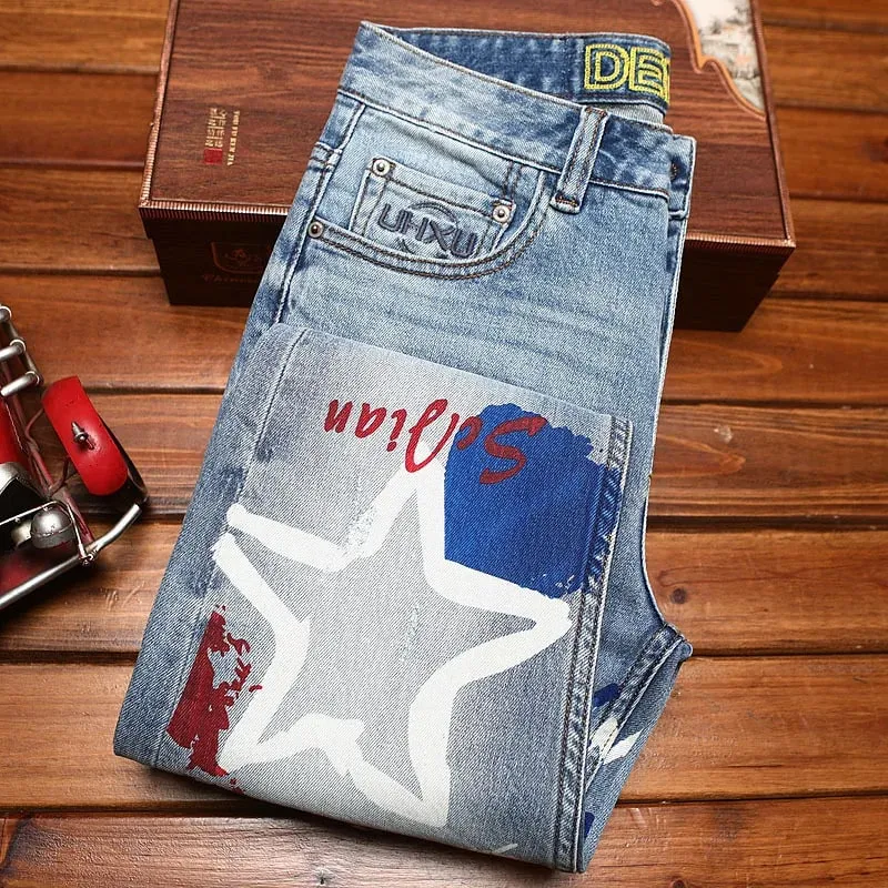 Seluar jeans bercetak bergaya untuk lelaki retro biru anjal slim fit kaki kecil fesyen jalanan seluar kasual denim mewah — image 3