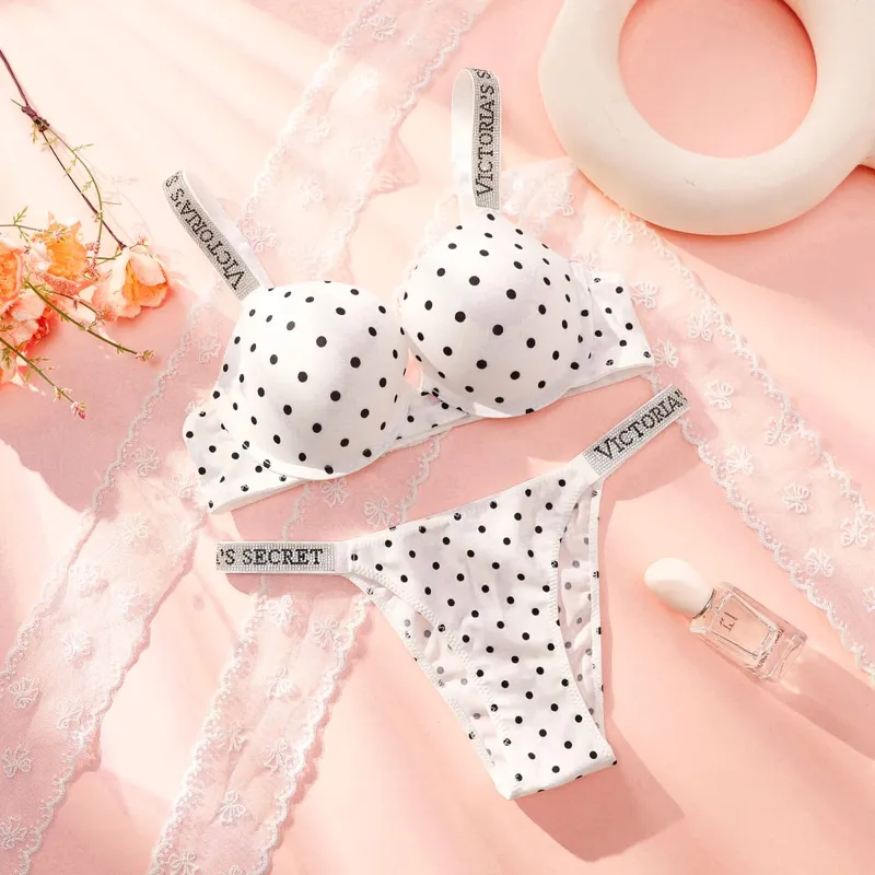 Victoria Secret เซ็กซี่มาก Shine สคริปต์ Polka Dot Push Up Bra Shine สคริปต์ทองชุดกางเกงผู้หญิงชุดชั้นในเซ็กซี่ร้อน — image 3