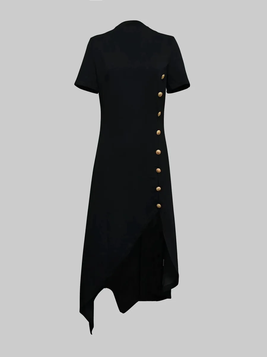 Modigirl Wedding Black Dresses for Women Gold Button Clothes Asymmetrical 2025 Summer Woman Short Sleeves Party Maxi Dresses — image 3