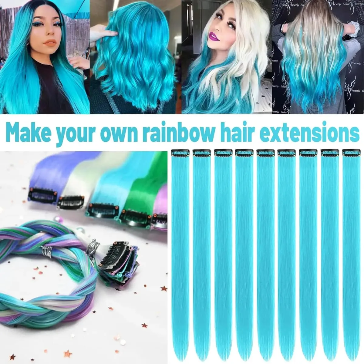 22 นิ้วต่อผมสี Light Blue Party Highlights คลิปในส่วนขยายของผมสังเคราะห์สี Party Hairpieces ตรง — image 4