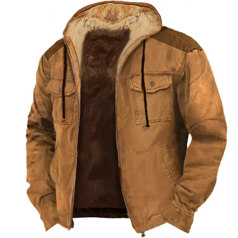Men's Winter Fleece Hoodies Solid Patchwork Fashion Hooded Windbreaker Jacket Male Loose Work Wear Clothes Sweatshirt Outwear — image 3