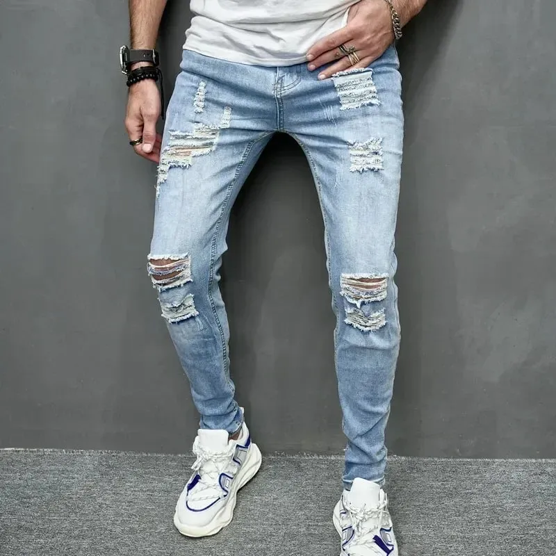 2024 ใหม่สไตล์ผู้ชายส่วนบุคคล Ripped สีทึบกางเกงยีนส์ Skinny ยืดเท้าเล็กๆ Streetwear รถจักรยานยนต์ DENIM กางเกงชาย — image 2
