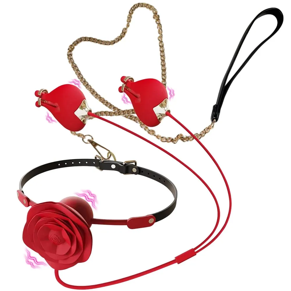 บังคับการสำเร็จความใคร่ใหม่ Rose ปาก Ball คอจุกนม CLAMP Vibrator BDSM คู่ Foreplay Masturbation ซิลิโคนเพศของเล่นชุด — image 1