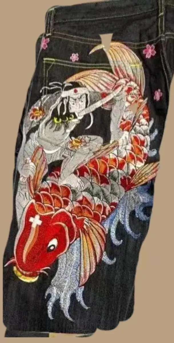 Japanische Hip-Hop-Jeans mit Brokat-Karpfen-Aufdruck, gleicher Stil, Paar-Waschung, hohe Taille, Retro-Freizeithose, lockere Passform, gerade Hose mit weitem Bein — image 11