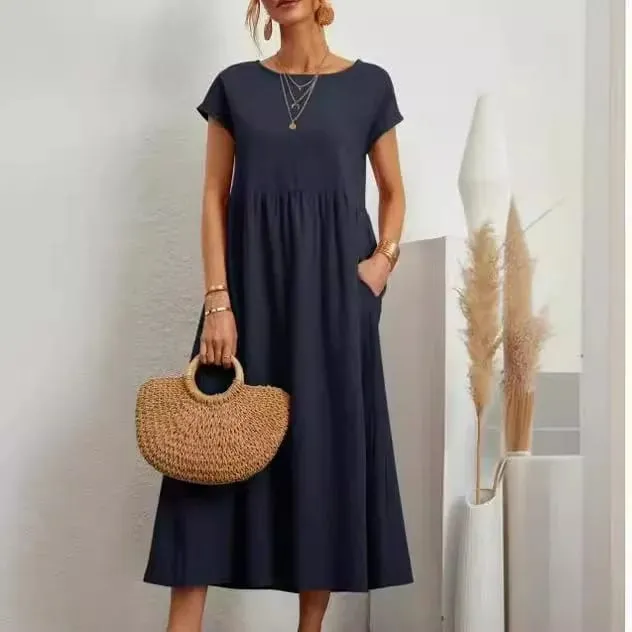 Gaun Linen Kapas Pepejal Premium yang Elegan Midi Musim Panas dengan Poket Longgar Leher Krew Kasual Lengan Pendek untuk Perjalanan Pantai — image 2