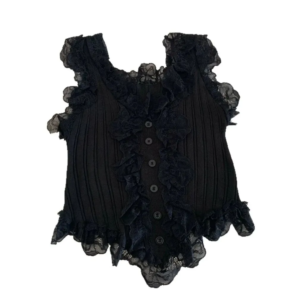 Cute Y2k Lace Knitted Crop Top Tank Korean Style Women's Knit Vest Top Undershirt Sweet Sleeveless Camisole Summer