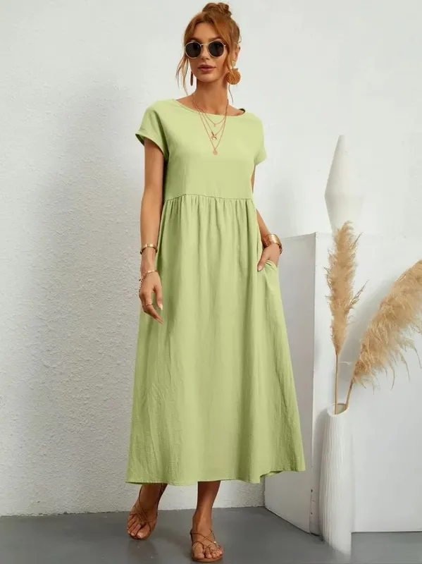 Gaun Linen Kapas Pepejal Premium yang Elegan Midi Musim Panas dengan Poket Longgar Leher Krew Kasual Lengan Pendek untuk Perjalanan Pantai — image 13